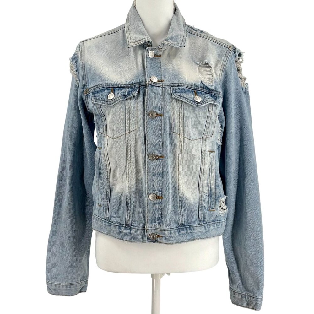 Y2K Distressed Light Wash Streetwear Denim Trucker Jacket Rue 21 Womens Size L